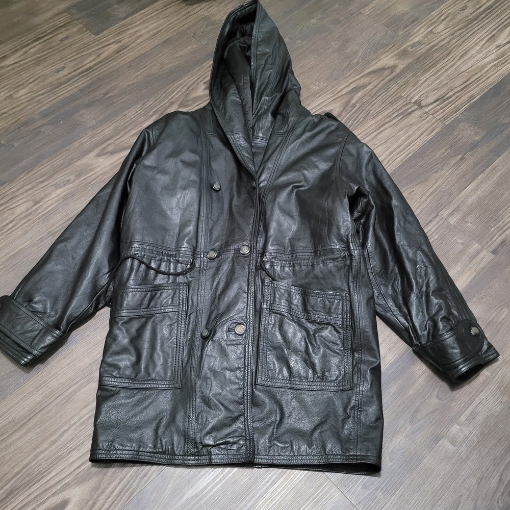 Vintage 90’s Pelle Club Hooded Black Genuine Leather Jacket M Mobwife Heavy